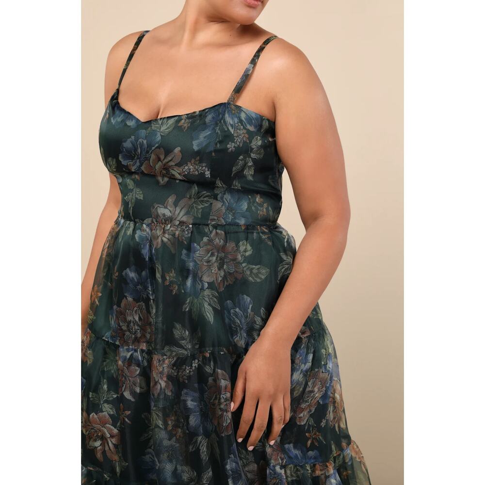 NEW Lulus Exclusive Glamour Green Floral Organza Tiered Maxi Dress Size 2X Boho - Picture 2 of 12
